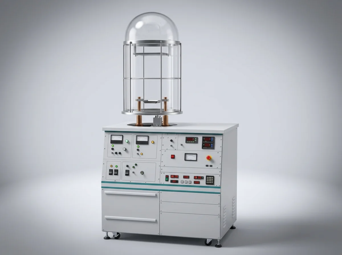 Bell-jar thermal evaporator — glass dome with rod cage, substrate plate, and electrode posts on a white console