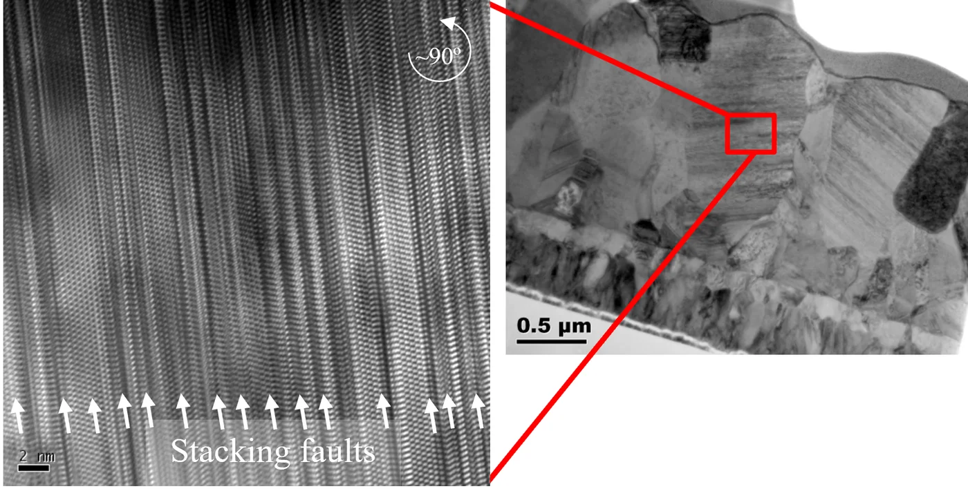 High-resolution TEM image of stacking faults in a crystal lattice