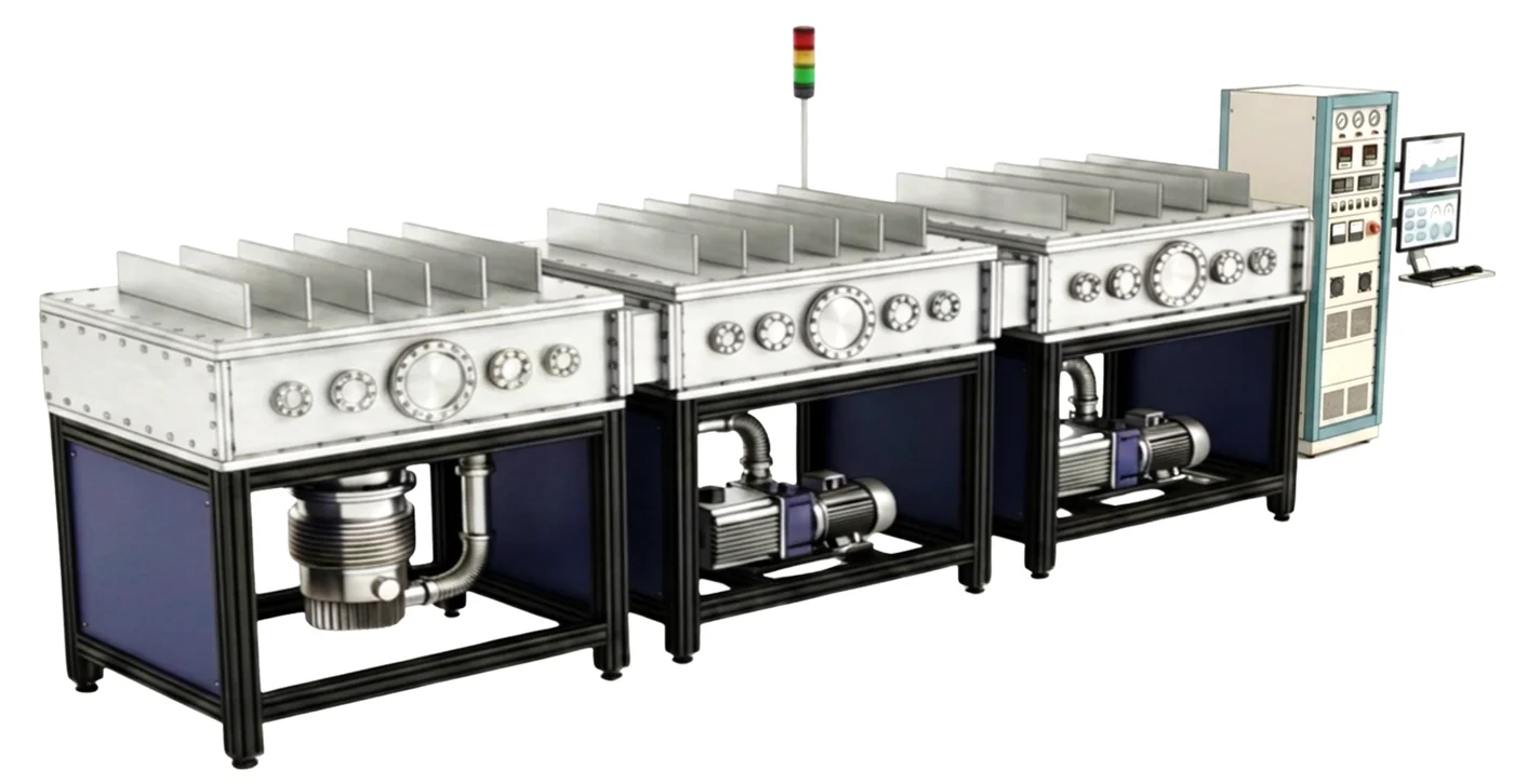 In-line multi-target batch sputter line — three welded chamber sections with top-deck target bays