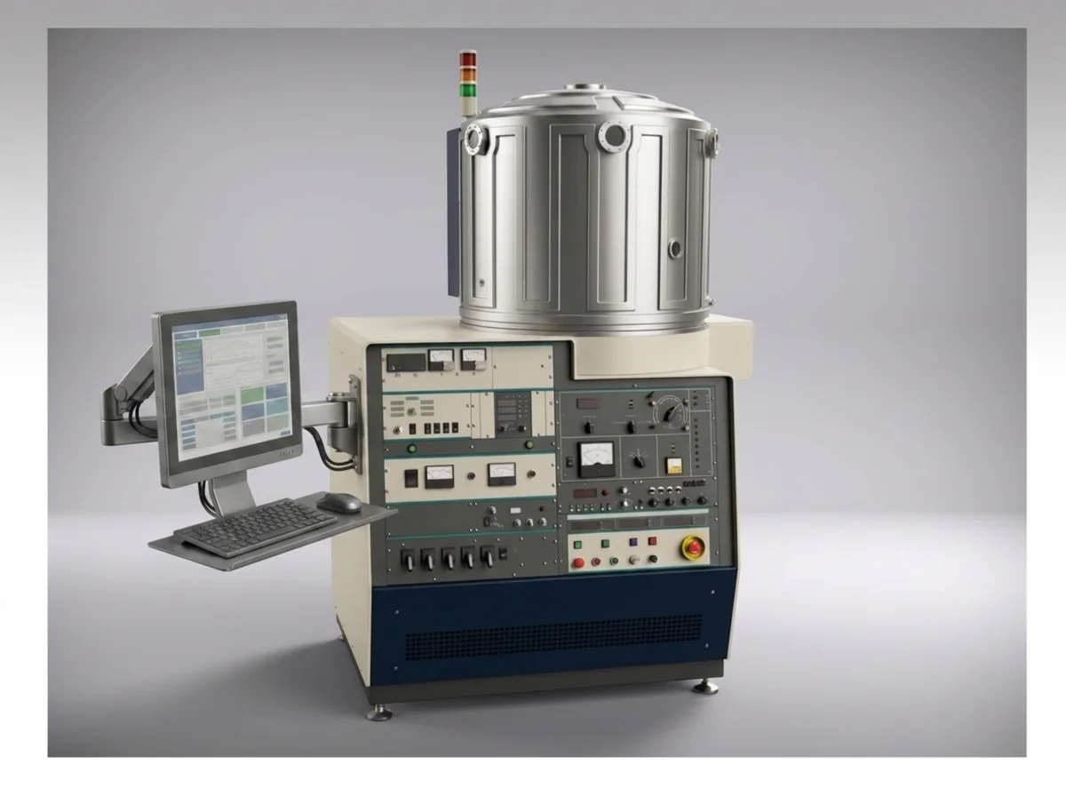 Mag-Drum sputter system — drum chamber with three planar magnetron sources atop a control console