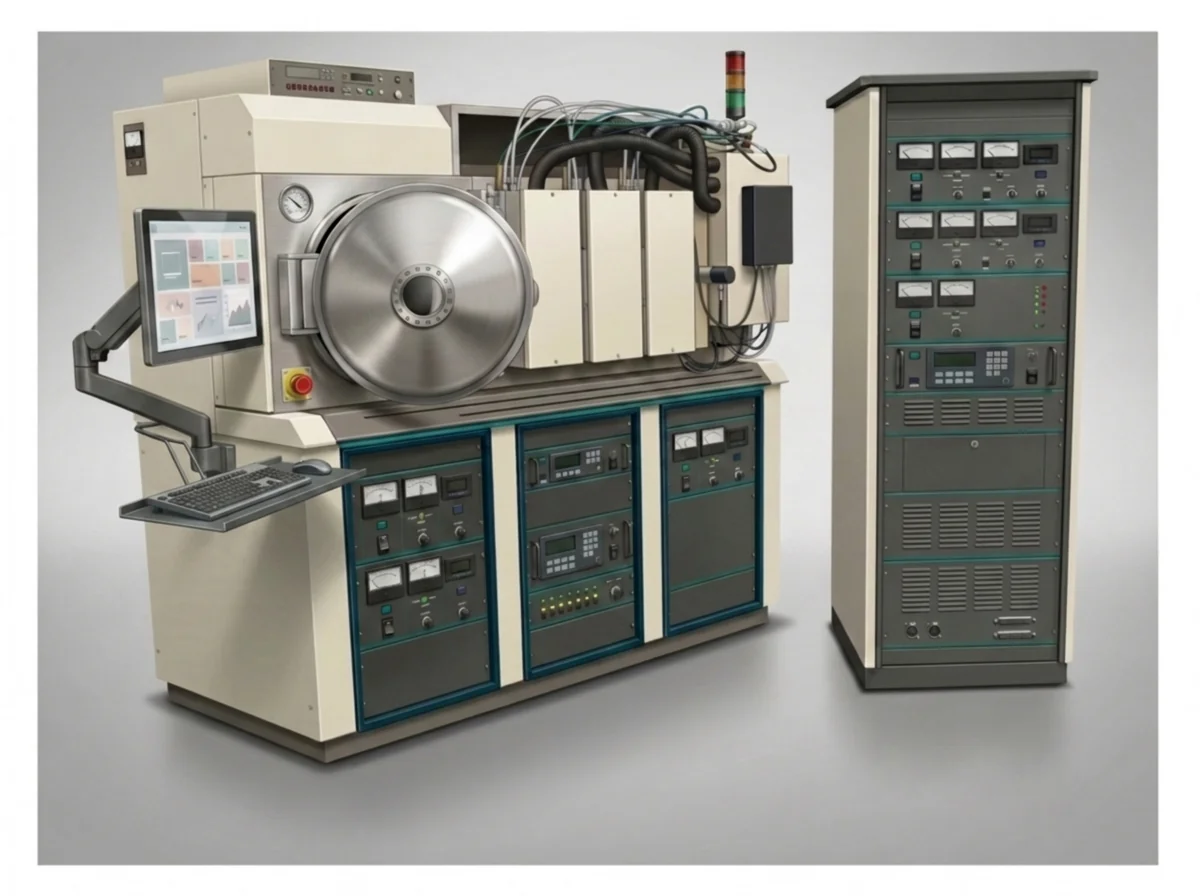 MRC sputter system — console with stainless chamber door, three target assemblies, and instrument bays